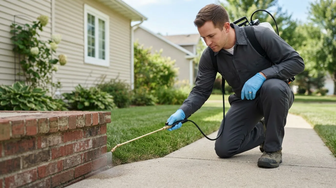 Pest control technician treating a home near Lewisville, NC